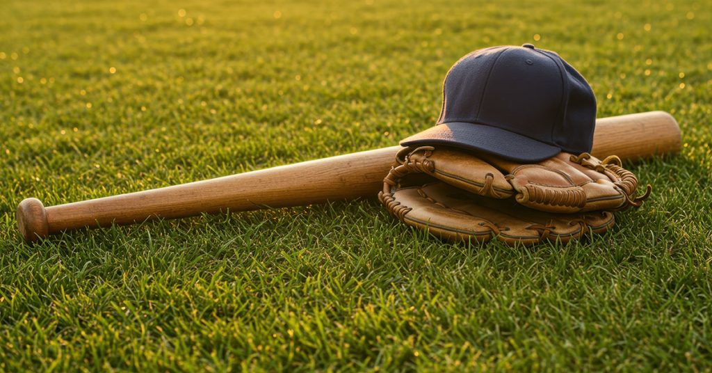 Baseball bat, glove, ball on grass