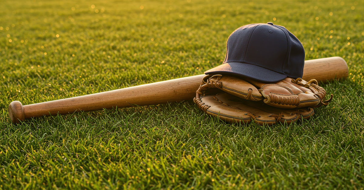 Baseball bat, glove, ball on grass