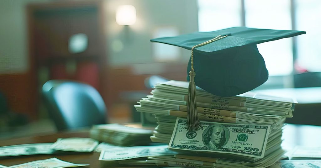 Graduation cap sitting on pile of US dollars
