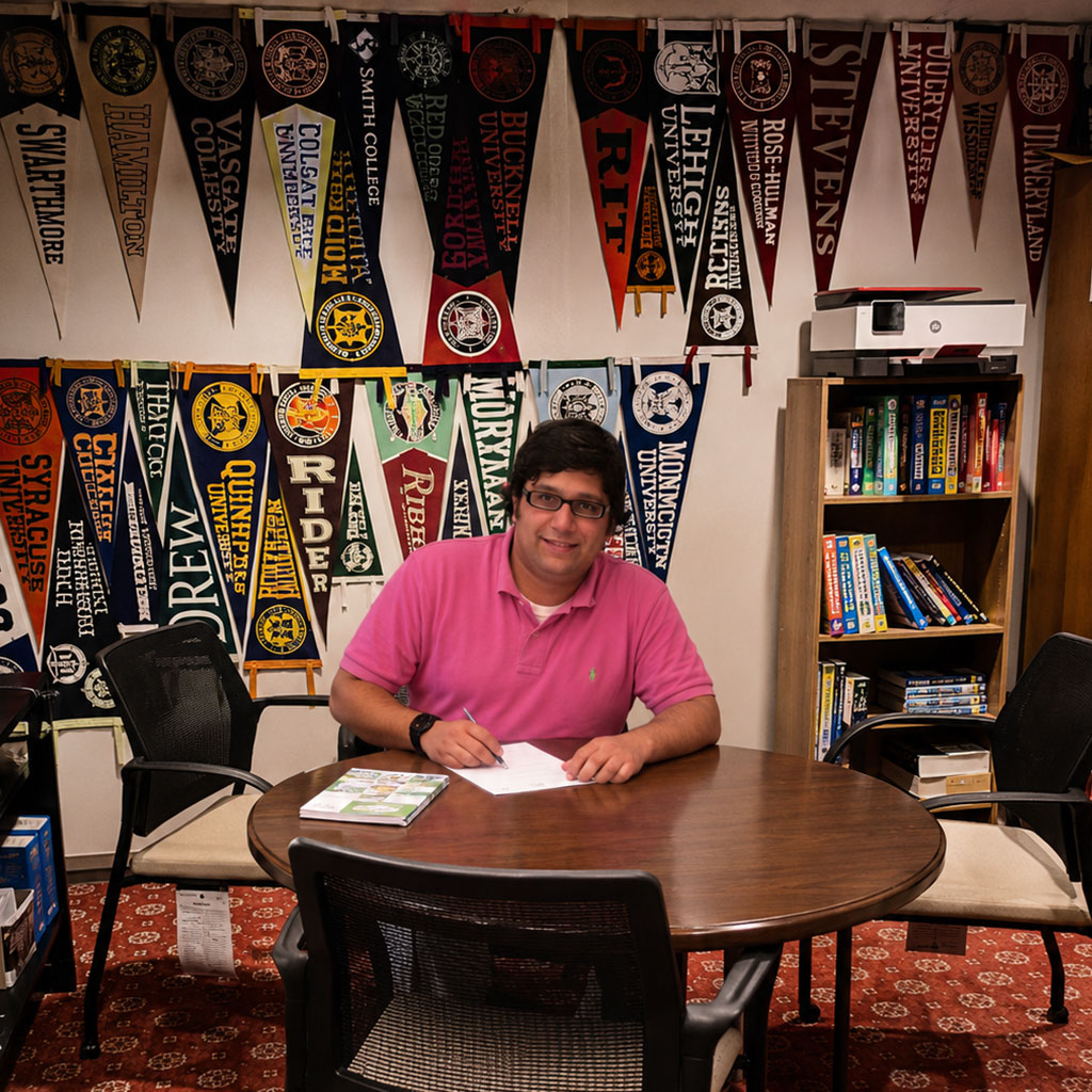 Northcoast Educational Consulting Taz in Office showing many college pennants